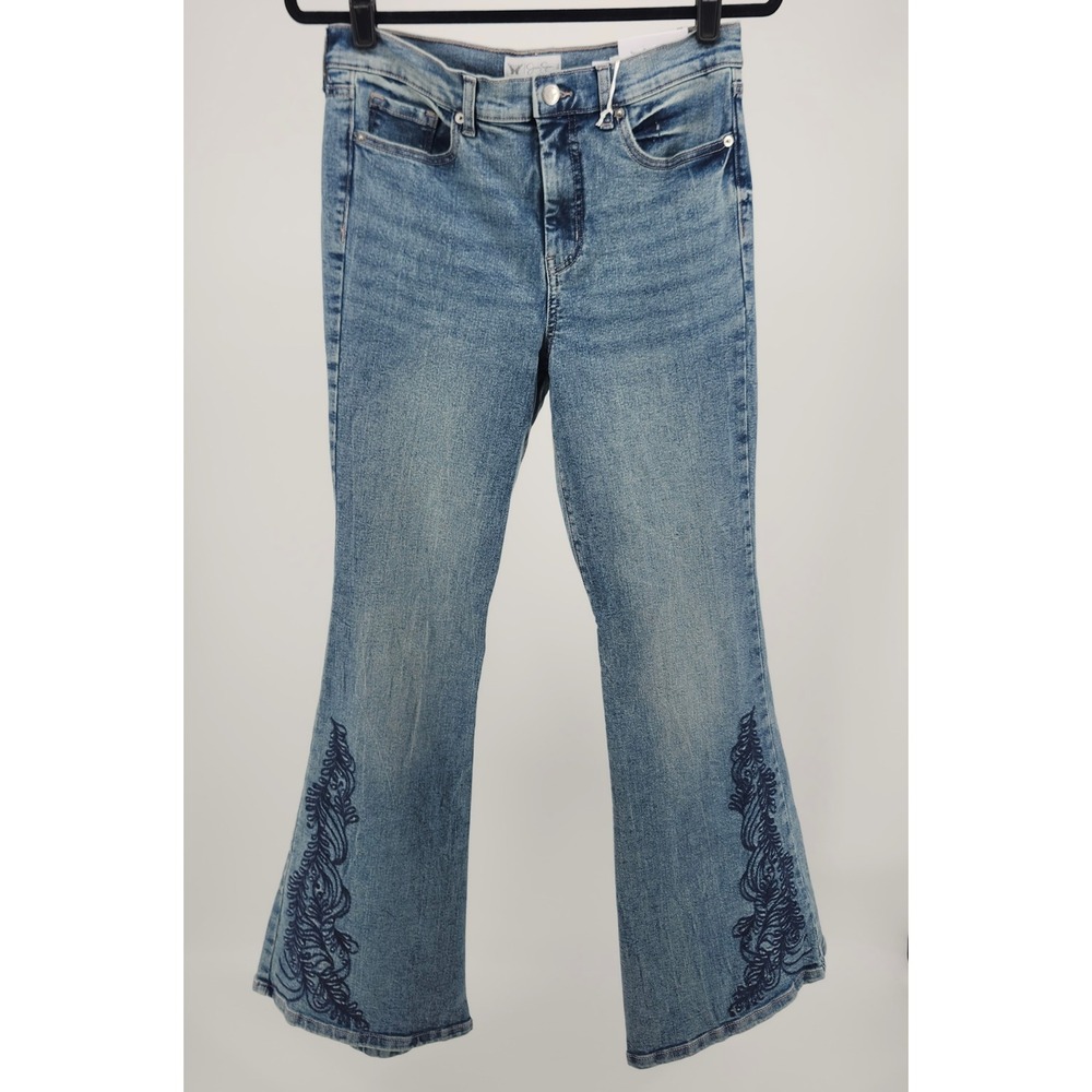 Jessica‎ Simpson Daisy Flare Jeans Medium Wash Embroidered Blue Denim Womens 10
